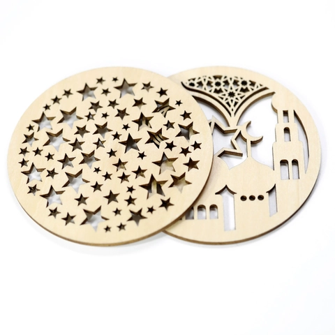 Wooden Ramadan Coaster Laser Cut Hollow Moon Star Mosque Pattern Heat Resistant Non-Slip Round Placemat Home Dining Decor