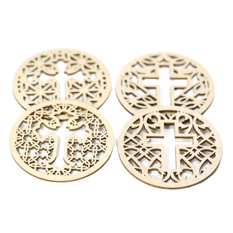 Dessous de Verre en Bois Découpé au Laser Rond Croix Motif Géométrique Ajouré Tapis en Bois Résistant à la Chaleur Décoration de Table Religieuse pour Maison Mariage