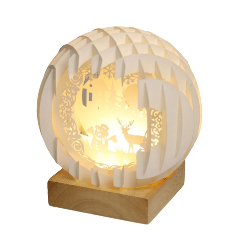 Veilleuse Globe en Papier Découpé 3D de Noël d'Hiver Avec Base en Bois Bonhomme de Neige Renne Découpé au Laser Lampe de Table Décorative LED