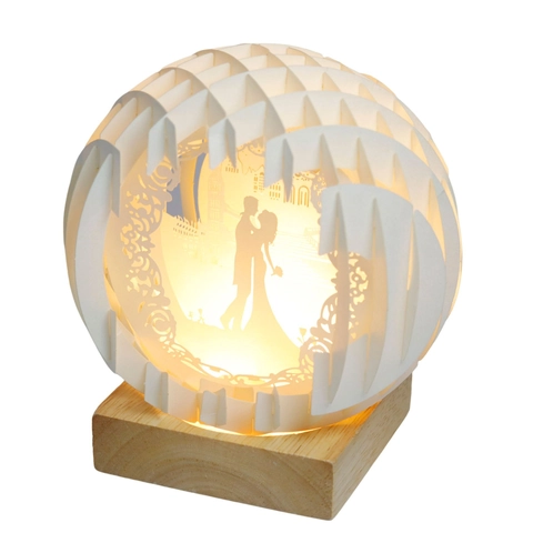 Veilleuse 3D Découpe de Papier Lampe LED Pliante Avec Base en Bois Couple Romantique Château Cadeau Saint Valentin