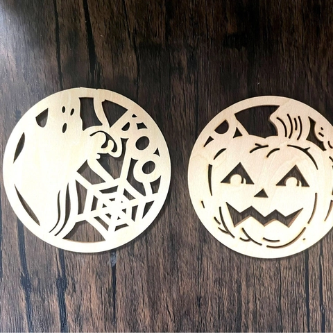 Halloween Round Wood Coasters Laser Cut Pumpkin Ghost Boo Pattern Heat Insulating Table Mats Festive Party Home Decor