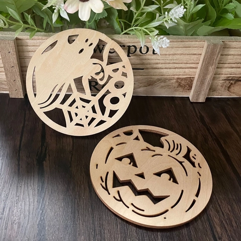 Halloween Round Wood Coasters Laser Cut Pumpkin Ghost Boo Pattern Heat Insulating Table Mats Festive Party Home Decor