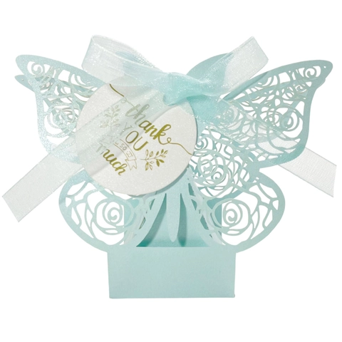 Scatole Regalo a Farfalla Tagliate al Laser Con Nastri Tag di Ringraziamento Carta Perlata Rosa Incava Scatola di Caramelle Nozze