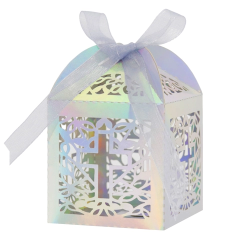 Scatola di Caramelle Taglio Laser a Croce con Finitura a Specchio per Matrimonio Battesimo Festa Scatole Regalo Religiose Traforate con Nastro