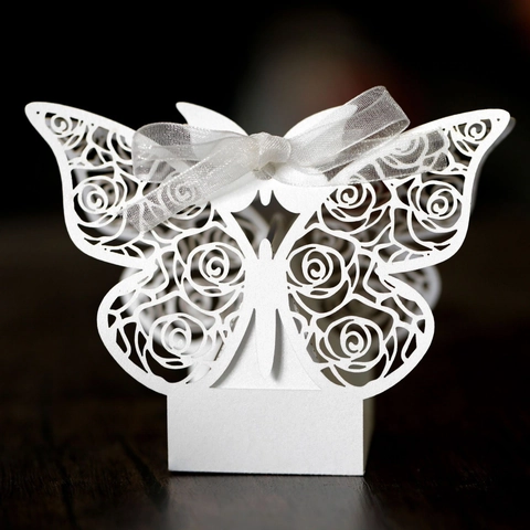 Elegant Laser Cut Butterfly Rose Flower Candy Box Pearl Paper Gift Box With Ribbon For Wedding Party Favor Chocolate Box