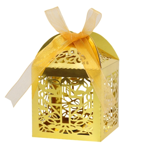 Scatola di Caramelle Taglio Laser a Croce con Finitura a Specchio per Matrimonio Battesimo Festa Scatole Regalo Religiose Traforate con Nastro