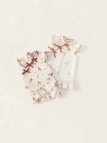Robe d'Été en Coton pour Filles Style Chinois Cheongsam Modifié Imprimé Floral Sans Manches Bouton de Nœud Ourlet à Volants