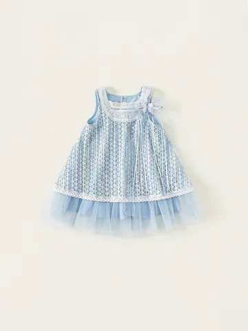 Mädchen Sommer Spitze Netzgewebe Ärmelloses Kleid Süße Prinzessin Blau Tutu Partykleid Für Kleinkinder Kinder A-Linie Blumenmuster