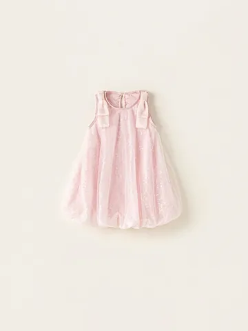 Dolce Vestito per Bambina in Rete con Paillettes Senza Maniche Bordo a Palloncino Rosa Abito da Festa con Fiocco Estate