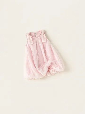 Dolce Vestito per Bambina in Rete con Paillettes Senza Maniche Bordo a Palloncino Rosa Abito da Festa con Fiocco Estate