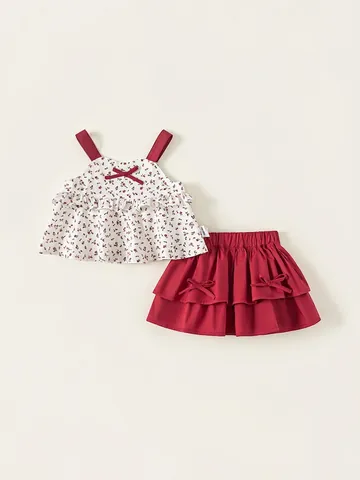 Girls Sweet Cotton Floral Two Piece Set Camisole Bow Top And Tiered Ruffled Skirt Summer Casual Outfits Red White