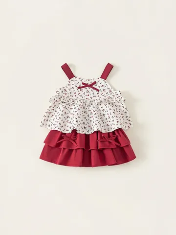Girls Sweet Cotton Floral Two Piece Set Camisole Bow Top And Tiered Ruffled Skirt Summer Casual Outfits Red White