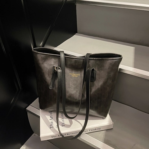 Vintage Oil Wax PU Leather Tote Bag For Women Large Capacity Shoulder Bag Casual Commuter Solid Color Fashion Handbag