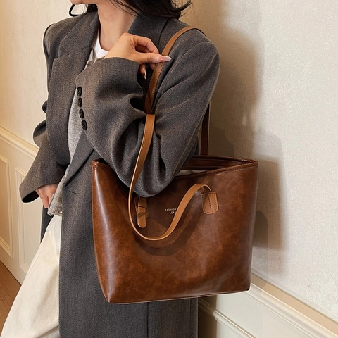Vintage Oil Wax PU Leather Tote Bag For Women Large Capacity Shoulder Bag Casual Commuter Solid Color Fashion Handbag