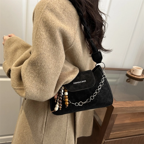 Borsa a Spalla Vintage in Pelle PU Opaca Donna Fashion Bags Print Cinturino Intrecciato Catena Fiori Metallo Ciondolo Perle Legno