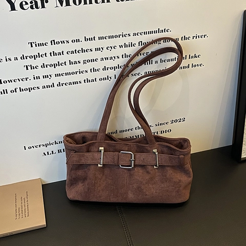 Bolso de Hombro Retro de Gamuza para Mujer Estilo Motociclista de Moda Bolso Tote de Viaje Color Sólido