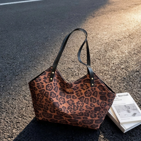 Leopardenmuster Tragetasche Für Damen PU Leder Große Kapazität Schultertasche Mit Metallschloss Vintage Urban Minimalistische Handtasche