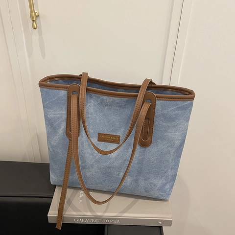 Bolso Tote de Gran Capacidad para Mujer 2025 Nuevo Denim PU Material Color de Contraste Bolso de Hombro Minimalista Urbano