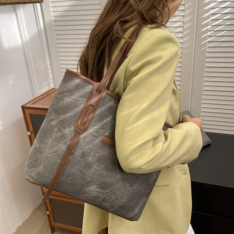 Bolso Tote de Gran Capacidad para Mujer 2025 Nuevo Denim PU Material Color de Contraste Bolso de Hombro Minimalista Urbano