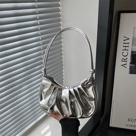 Damen Metallic Plissiert Cloud Schultertasche Trendy Dumpling Hobo Tasche Mit Geknotetem Gurt Mode Unterarmtasche Lässige Handtasche