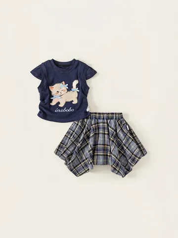 Girls Navy Blue Plaid Skirt Set Sweet Cotton T-Shirt With 3D Bow Cartoon Cat Printed Pleated Skirt Two Piece Kids Outfit