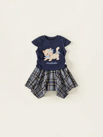 Girls Navy Blue Plaid Skirt Set Sweet Cotton T-Shirt With 3D Bow Cartoon Cat Printed Pleated Skirt Two Piece Kids Outfit