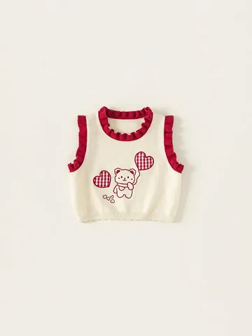 Sweet Girls Knitted Vest Contrast Color Ruffle Sleeveless Sweater Cartoon Bear Heart Pattern Kids Knitwear Off White Red