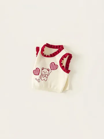 Sweet Girls Knitted Vest Contrast Color Ruffle Sleeveless Sweater Cartoon Bear Heart Pattern Kids Knitwear Off White Red