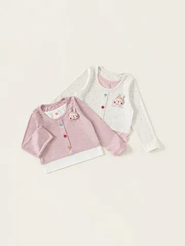 Meisjes Schattig Konijn Geborduurd Nep Tweedelig Lange Mouw T-Shirt Kinderen Gekleurde Spikkels Ribgebreide Top Lente Casual Kleding
