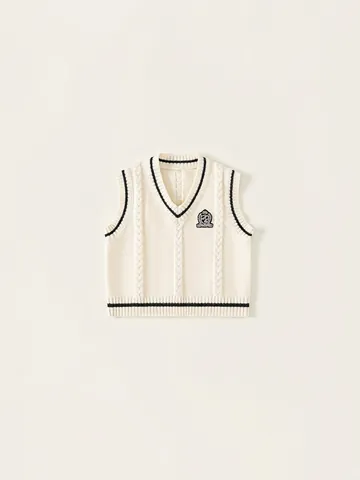 Gilet in Acrilico con Lavorazione a Trecce Stile Preppy da Ragazzo Scollo a V Bordi a Righe Maglione Senza Maniche con Distintivo Ricamato