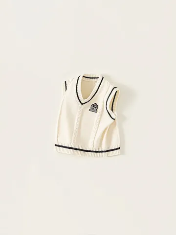 Gilet in Acrilico con Lavorazione a Trecce Stile Preppy da Ragazzo Scollo a V Bordi a Righe Maglione Senza Maniche con Distintivo Ricamato