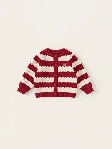 Cardigan en Tricot Rayé Rouge et Blanc Doux pour Filles Col Rond Broderie Coeur Manches Longues Simple Boutonnage Pull Tricoté