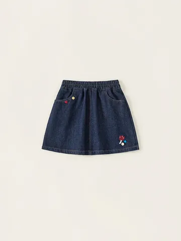 Mädchen Süßer Denim Rock Mit Blumen Pilz Stickerei Elastischer Bund Baumwollmischung A-Linie Kurzer Rock Für Kleinkinder Casual Wear