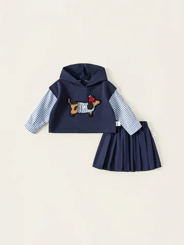 Ensemble Sweat à Capuche Bleu Marine Et Jupe Plissée Pour Filles Haut Faux Deux Pièces Manches à Carreaux Broderie Chien