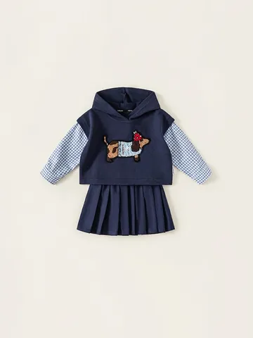 Ensemble Sweat à Capuche Bleu Marine Et Jupe Plissée Pour Filles Haut Faux Deux Pièces Manches à Carreaux Broderie Chien