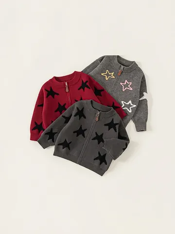 Kids Boys Knitted Star Pattern Cardigan Jacket Zipper Crew Neck Sweater Long Sleeve Toddler Warm Casual Knit Outerwear Top