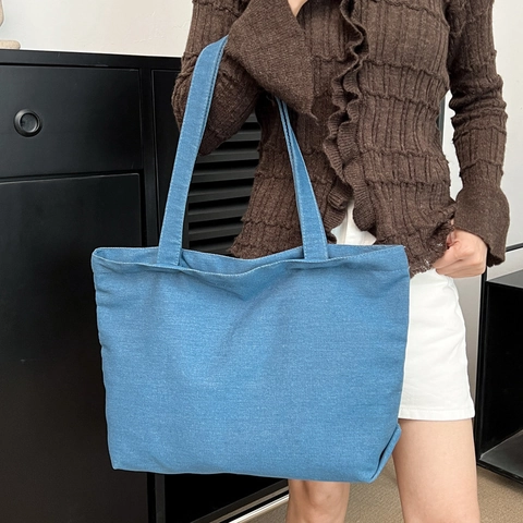 Women Large Capacity Canvas Tote Bag Minimalist Korean Style Shoulder Bag Casual Denim Texture Commuter Shopping Handbag