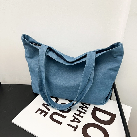 Women Large Capacity Canvas Tote Bag Minimalist Korean Style Shoulder Bag Casual Denim Texture Commuter Shopping Handbag