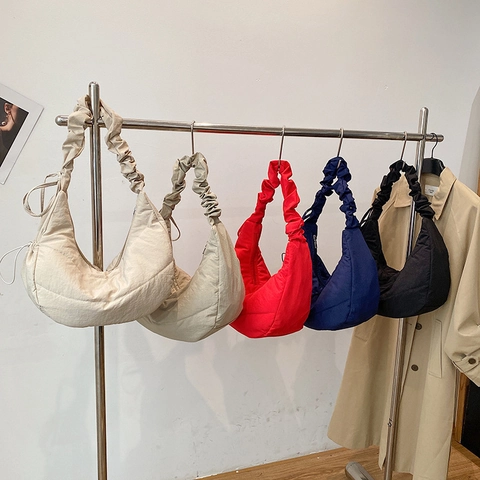 Borsa a Tracolla Hobo Trapuntata in Tessuto Oxford da Donna Grande Capacità Borsa Nuvola Con Tracolla Arricciata Coulisse