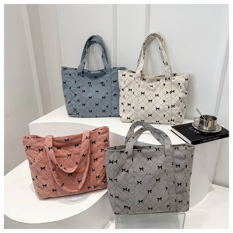 Dames Canvas Tote Bag Ruitpatroon Strikpatroon Grote Capaciteit Schoudertas Casual Handtas Top Handvat Tas Voor Dagelijks Gebruik