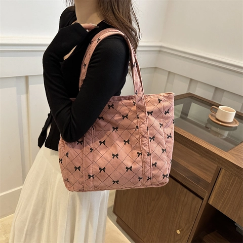 Dames Canvas Tote Bag Ruitpatroon Strikpatroon Grote Capaciteit Schoudertas Casual Handtas Top Handvat Tas Voor Dagelijks Gebruik