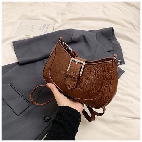 Bolso de Axila de Media Luna de Cuero PU Retro Para Mujer Textura Litchi Bolso de Hombro Con Correa Ajustable Bolso de Mano de Color Sólido