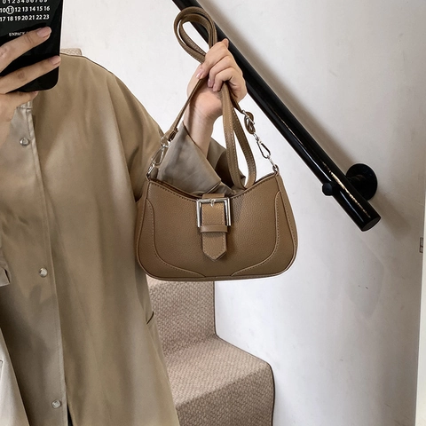 Bolso de Axila de Media Luna de Cuero PU Retro Para Mujer Textura Litchi Bolso de Hombro Con Correa Ajustable Bolso de Mano de Color Sólido