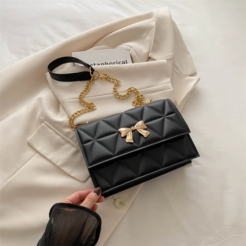 Borsa a Spalla Trapuntata a Rombi Donna Lusso Pelle PU Piccola Borsa Quadrata Con Fiocco Catena Tracolla Pendolare