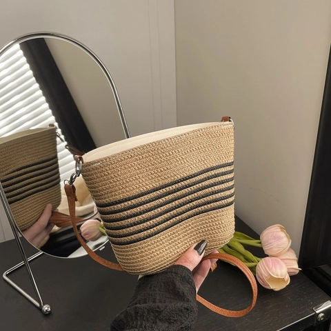 Sac Seau Bandoulière Tissé à Rayures pour Femmes Sac à Épaule Décontracté de Vacances à la Plage Avec Bandoulière Réglable Sac à Main de Mode d'Été
