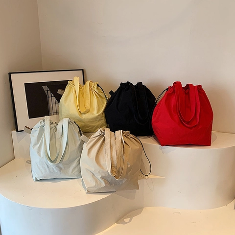 Women Nylon Drawstring Shoulder Bag Fashion Large Capacity Bucket Bag Casual Commuter Solid Color Tote Bag Soft Underarm Bag