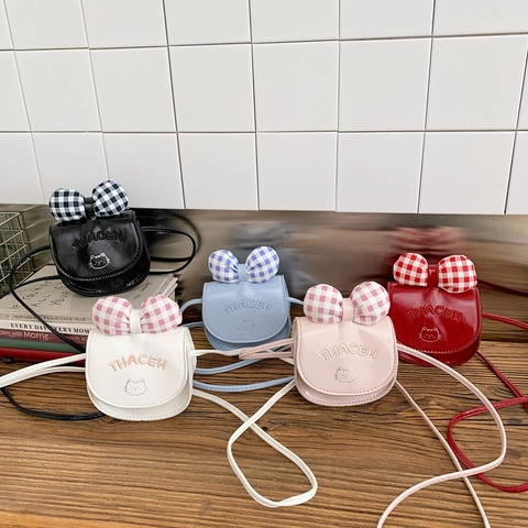 Cute Kids Girl Bow Cat Pattern PU Leather Mini Crossbody Bag Plaid Bowknot Small Shoulder Purse For Daily Outing Children Accessories