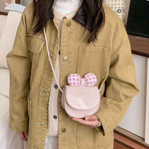 Cute Kids Girl Bow Cat Pattern PU Leather Mini Crossbody Bag Plaid Bowknot Small Shoulder Purse For Daily Outing Children Accessories