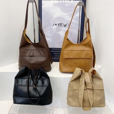Bolso Tote de Cuero PU de Gran Capacidad para Mujer 2024 Otoño Vintage Bolso de Hombro con Bolsillo Frontal Bolso Simple Casual