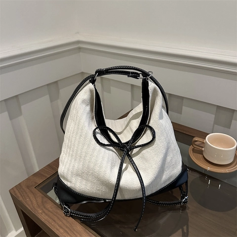 Contrast Canvas PU Leer Schoudertas Vrouwen Grote Capaciteit Draagtas Strik Detail Casual Hobo Tas School Handtas